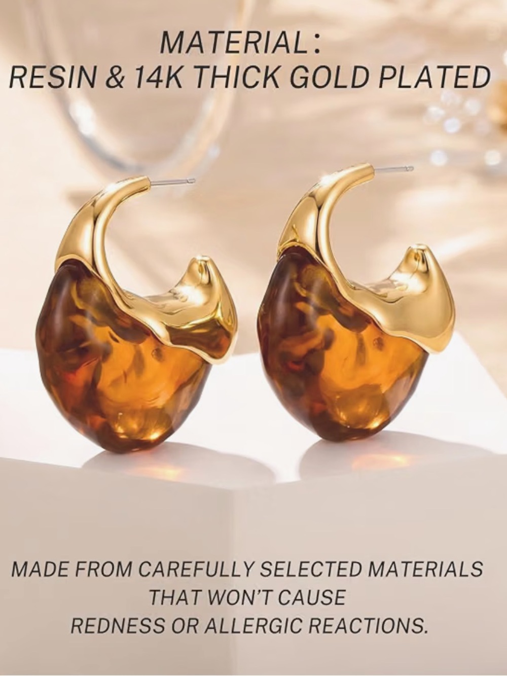 Molten Amber Gold Resin Hoop Earrings - Picture 2 of 4